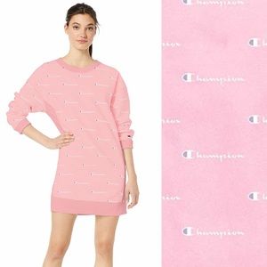 Champion Reverse Weave Allover Logo Print Crew Sweatshirt Dress Pink L